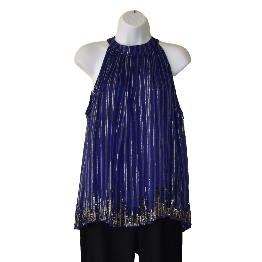 A3 NWT RANNA GILL ANTHROPOLOGIE Sapphire Gold Metallic Stripe Halter Top Size M
